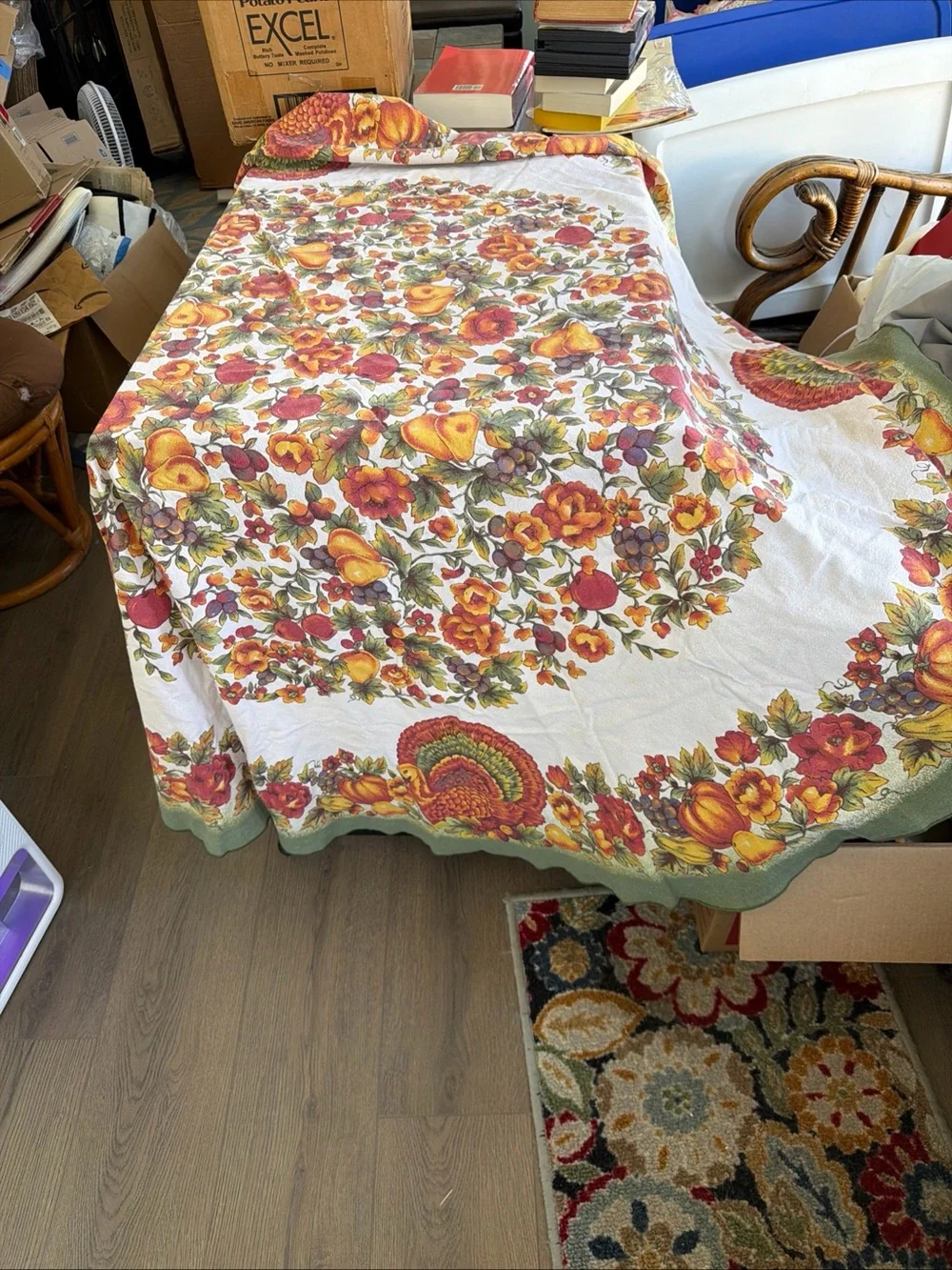 3 vintage tablecloths Thanksgiving, Christmas and Blue Jacquard